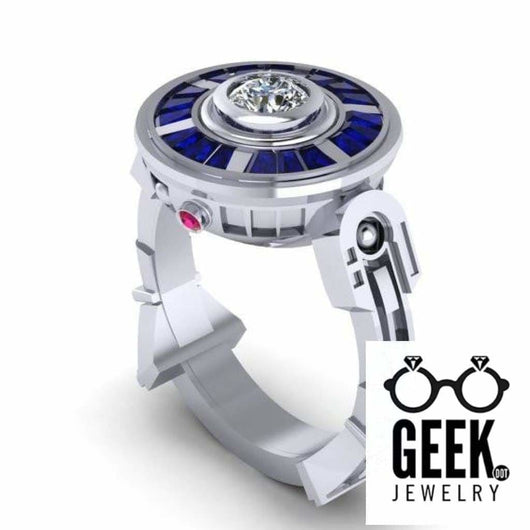 The Original R2 Droid LTE- 14K White Gold Ring, Sapphire and Ruby Engagement Ring - Geek Jewelry